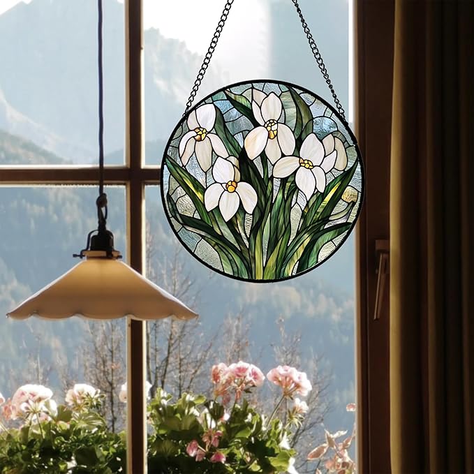 Stained Glass Window Hanging - White Green Snowdrops Flowers Suncatcher for Doors Garden Patio Sun Catchers Decor Christmas Mother's Day Birthday Gifts for Women Men Mom Nana Friend 6.3 in
