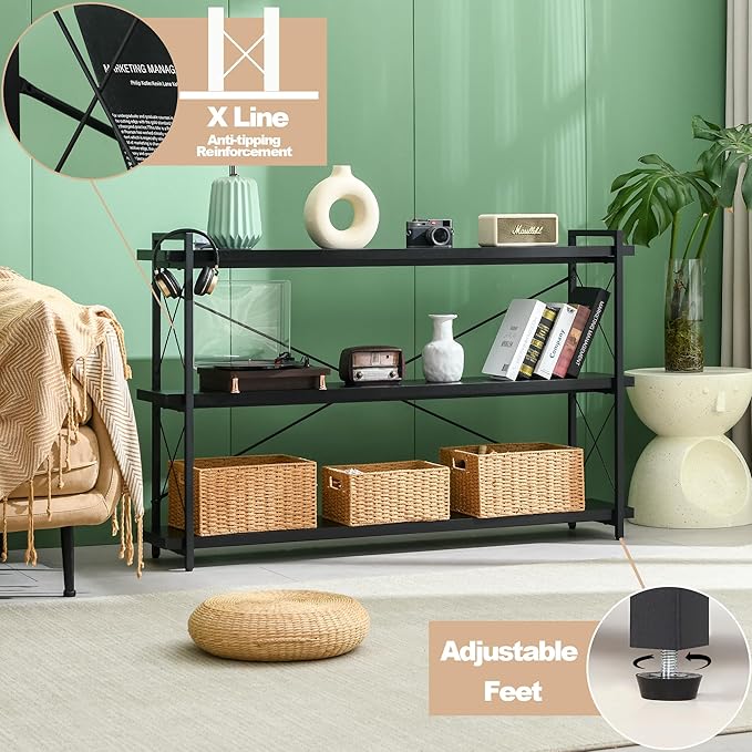 HCHQHS Bookshelf, 3-Tier Long Industrial Bookcase, Black Open Book Shelf, Freestanding Horizontal Bookshelves with Metal Frame