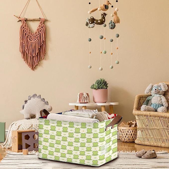 Cute Frog Storage Basket Large 17x11.5x10.5 Inches - Collapsible Fabric Organizer Bin with Handles for Nursery,Kids Room,Toys - Foldable Decorative Hamper with Cartoon Frog Design - Single Pack