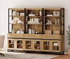 WAMPAT 3 PCS Modern 72" Tall Bookcase with 3 Drawers and Open Book Shelfs, Library Book Shelf with Storage Cabinet and Glass Doors, Wood Freestanding Bookshelves for Home Office, Living Room, Oak