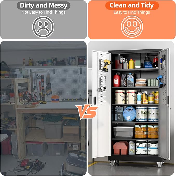 Aobabo Upgrade 71H''*34''W*18''D Metal Garage Storage Cabinet with Wheels and Pegboards, 5 Adjustable Shelves Steel Storage Cabinets for Home,Warehouse,Garage,Assembly Required,Black Sliver