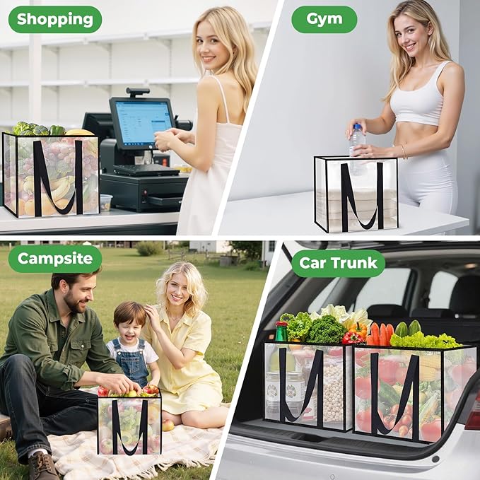 6 Pack Reusable Grocery Bags, Heavy-Duty Shopping Bags with Sturdy Handles, Water-Resistant & Foldable Organizer, Shopping Bags for Groceries, Market, Car Trunk, Multi-Purpose, 33L