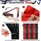 2 Pack Backdrop Curtains, 3.28 FT x 7.05 FT Black and Red Party Decor, Metallic Party Streamer Tinsel Foil Fringe Curtains, Foil Curtains Backdrop Halloween Decorations Party Supplies