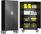 Metal Garage Storage Cabinet with Lock, 61” Tall Lockable File Cabinet with Wheels, Steel Tool Cabinet with 2 Door and 3 Adjustable Shelves, Rolling Cabinet for Home Office Garage Gym - Black