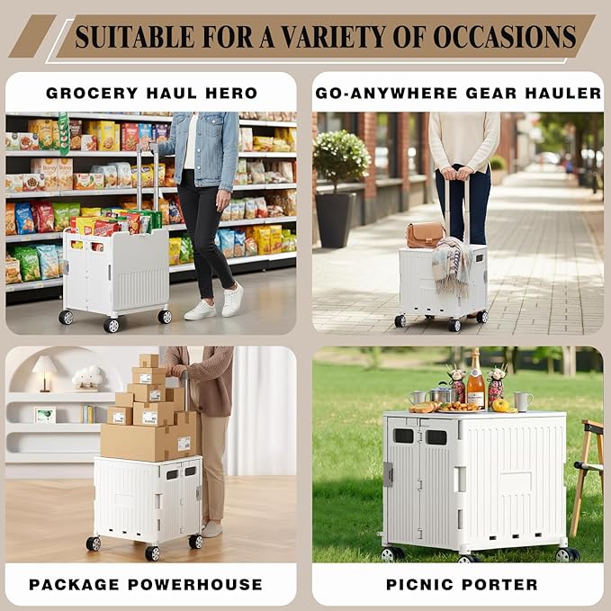 Foldable Laundry Basket with Wheels & Pull Handle - 65L Large Capacity Durable Plastic Hamper, Versatile All-in-One Organizer for Laundry, Toys, Camping & Shopping (White)