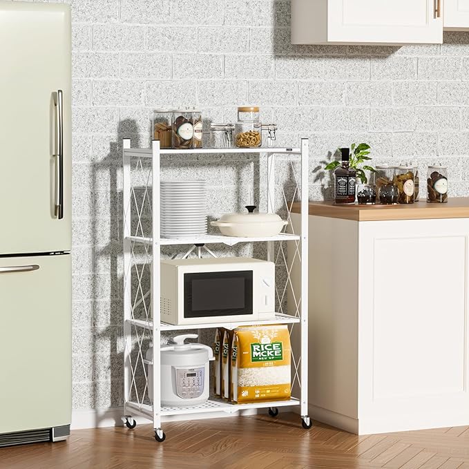 ALANNG Storage Shelves with Wheels, Bookshelf with Storage, No Assembly Metal Rack Cart for Kitchen, Office, Laundry, Garage (4 Tier, White)