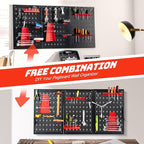 Goplus Garage Pegboard Tool Organizer, 4ft Metal Pegboard Wall Organizer w/3 Pegboards, Drill Bit Rack, Wrench Rack, Hooks Accessories, Wall-Mounted Tool Storage Peg Board for Workshop, Black