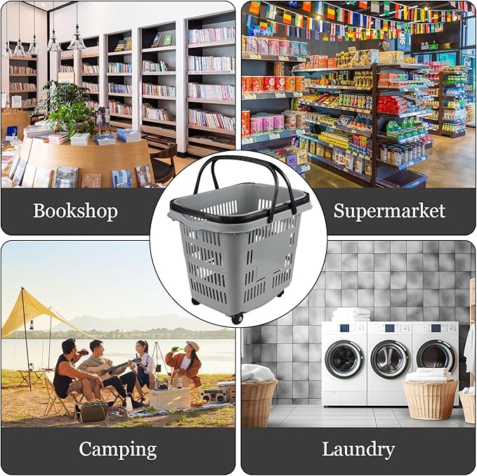 50 L Plastic Shopping Basket with Wheels, 4 Pcs Plastic Rolling Shopping Basket with Handle, Gray