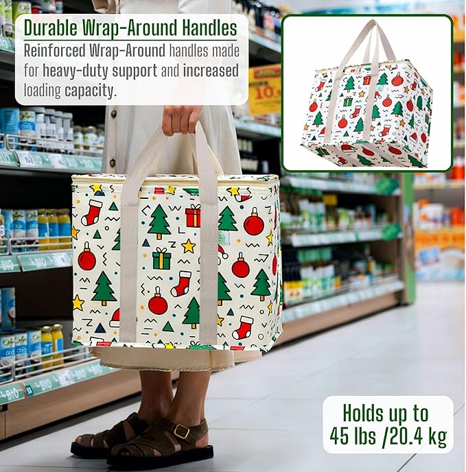 VENO 2 Pack Christmas Cooler Bag Insulated Reusable Grocery Shopping Bag, Food Delivery, Heavy Duty, Large Size, Durable Handles, Double Zippers, Lid, Collapsible (Jingle Mix, 2 Pack)