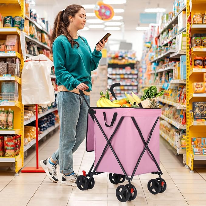 27 Gal/180 LBS Capacity Shopping Cart, Upgrade Huge Grocery Cart on Wheels,Heavy Duty Foldable Utility 360° Rolling Swivel Wheels for Shopping Picnic Groceries Laundry (Rose)