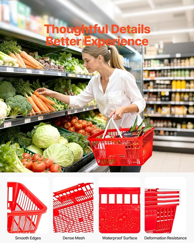 VEVOR Shopping Baskets, 4 PCS, 21L Stackable PE Plastic Grocery Baskets with Handles, Dense Mesh Structure, Holds up to 20 lbs, Portable for Grocery, Retail, Stores, Supermarket, Home Use, Red