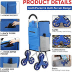 Shopping Cart, Super Loading Stair Climber 220 lbs Capacity, Grocery Foldable Trolley with Extra Large Shopping Bag Laundry Utility Cart with Adjustable Bungee Cord, blue