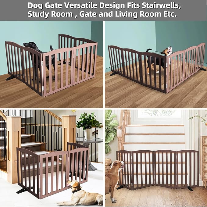 Freestanding Dog Gate Indoor,Doggie Gate Foldable Pet Gates for Doorways,Stairs or Hallways, Wooden Brown Pet Gate for The House, Pet Fence with Support Feet Included,24 "Height-6 Panels