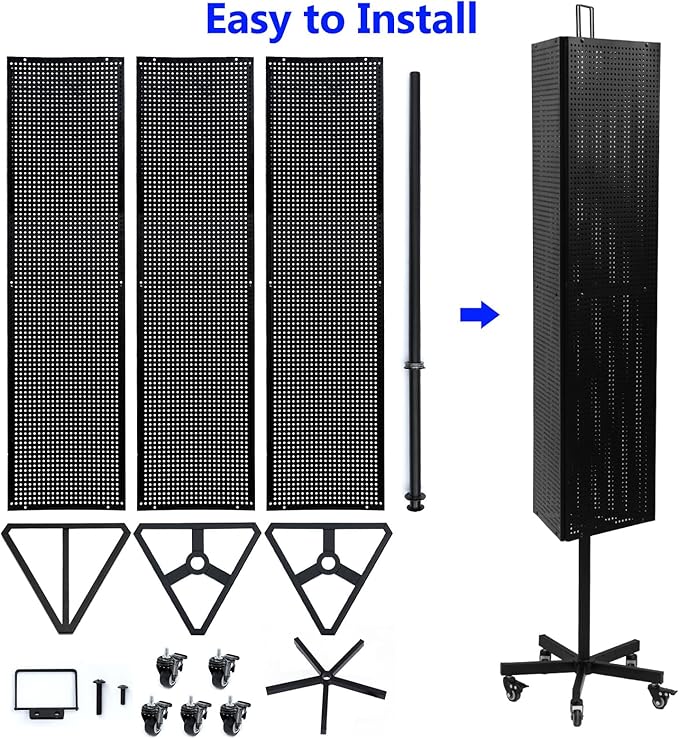 Triangular Metal Pegboard Panels Display with Base and Pole, Black Pegboard Display Stand with Wheels, Jewelry Display Rack, Art Display Stand, Extra 20 pieces Hooks
