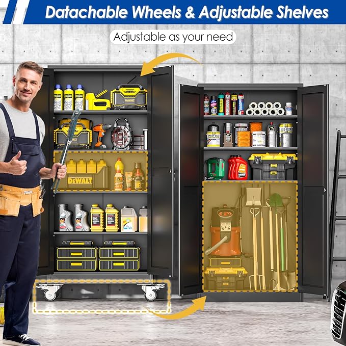 Metal Garage Storage Cabinet with Lock, Steel Tool Cabinet with 2 Door and 4 Adjustable Shelves, 71” Tall Lockable File Cabinet with Wheels, Rolling Cabinet for Home Office Garage Gym - Black
