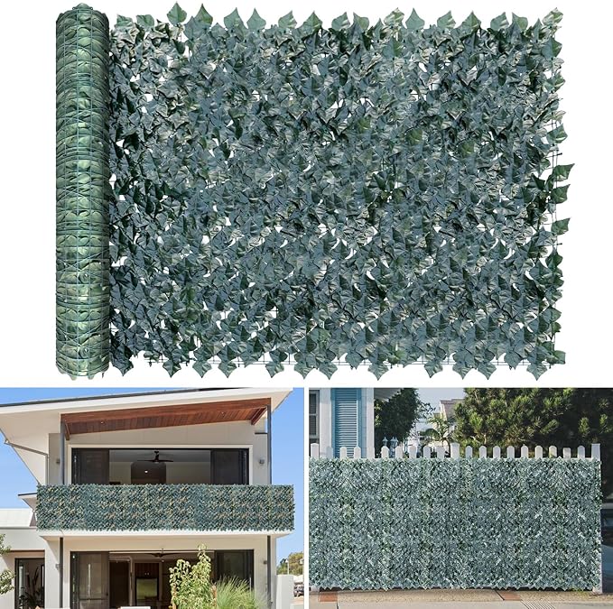 TANG 6'x28'FT Faux Ivy Privacy Fence Screen Roll- 1Pc Artificial Leaf Fences Greenery with Lattice Panel,Outdoor Green Wall Chain Link Fence Covering for Balcony Backyard Patio, Dark Green Ivy