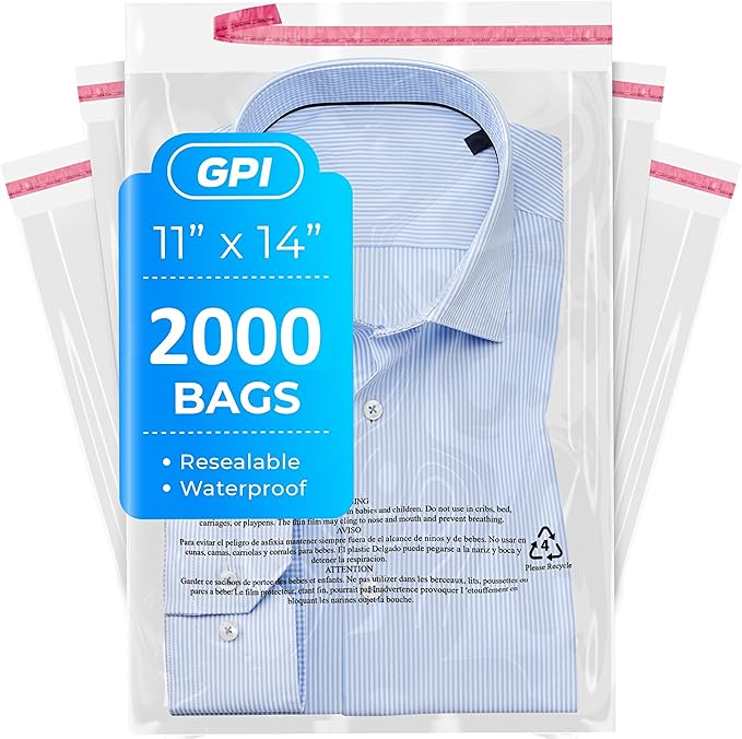 11" x 14" Self Seal Resealable Poly Bags - Case of 2000, Peel & Seal Reclosable Polybags with suffoaction Warning and Adhesive Strip for Packaging & Shipping Clothes, Shirts & More - GPI