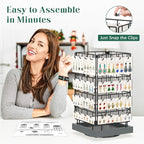 EsLuker.ly Rotating Earring Display Holder Stand for Vendors Events Selling, Large Capacity 64 Hooks Jewelry Rack with Wooden Base for Earring Card Sales, Enhances Retail Visibility(Dark Grey)
