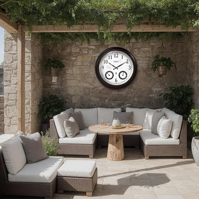 20" Evander Large Outdoor Atomic Wall Clock with Temperature & Humidity, Waterproof Outdoor Clock Thermometer Combo for Patio, Pool and Garden Decor,Oil Rubbed Bronze Black