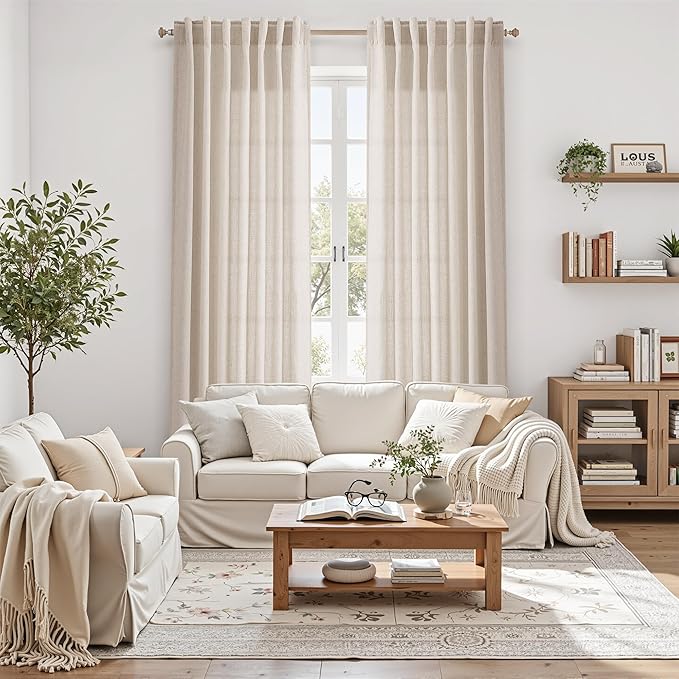 Nanspring 108 Inch Long Curtains for Living Room Cream Beige Linen Modern Farmhouse Decor Light Filtering Semi Sheer Curtain Back Tab Luxury Floor to Ceiling High Window for Bedroom 52x108, 2 Panels