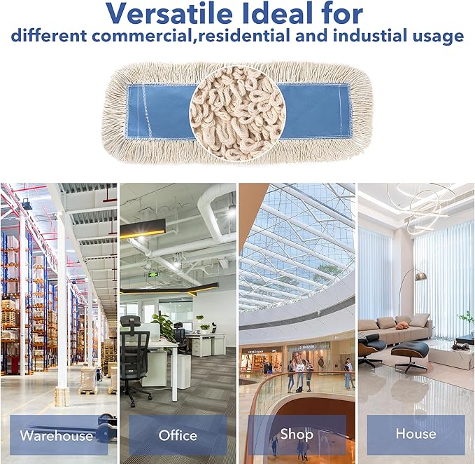 Matthew Cleaning 36'' Industrial Strength Cotton Dust Mop Refill Washable Replacement Heads for Residential & Commercial Use Fit Standard Dust Mop Frames, Hardwood, Concrete Floors Blue&White 12 Pack