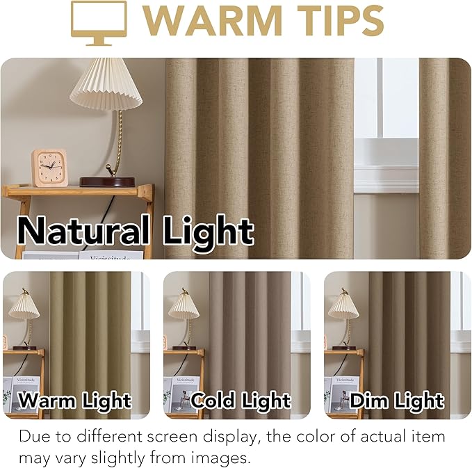 H.VERSAILTEX Linen Curtains 100% Blackout Curtains for Bedroom 63 inch Long Full Light Blocking Nature Linen Blended Window Curtains for Living Room Nickel Grommet (2 Panels, Heathered Macchiato)