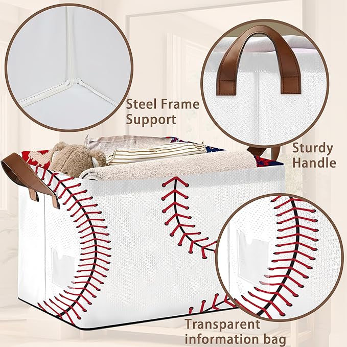 Baseball Texture Storage Basket Large 17x11.5x10.5 Inche-Collapsible Fabric Organizer Bin with Handles for Sports Gear,Toys,Laundry-Foldable Decorative Hamper with Stitched Leather Design-Single Pack