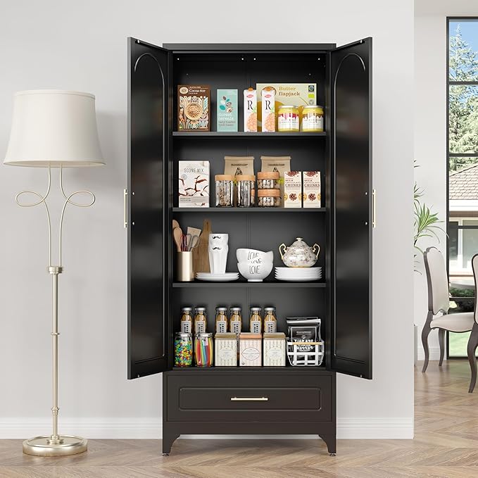 Metal Storage Cabinet with Drawers,75Inch Black Pantry Cabinets for Kitchen Storage with 3 Adjustable Shelves,Tall Kitchen Pantry Cabinet for Living Room, Dining Room，Office