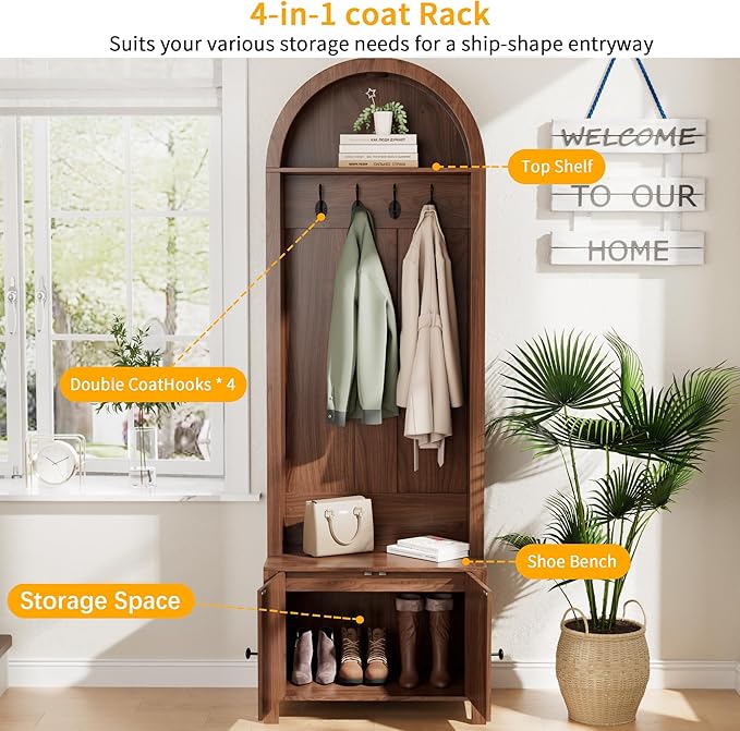 Hall Tree with Bench and Shoe Storage, Entryway Storage Bench with Coat Rack, 70.9"Arch Coat Rack with 4 Hooks and 2 Fluted Doors, Farmhouse Style Furniture Organizer for Hallway (Walnut, 23.7"W)