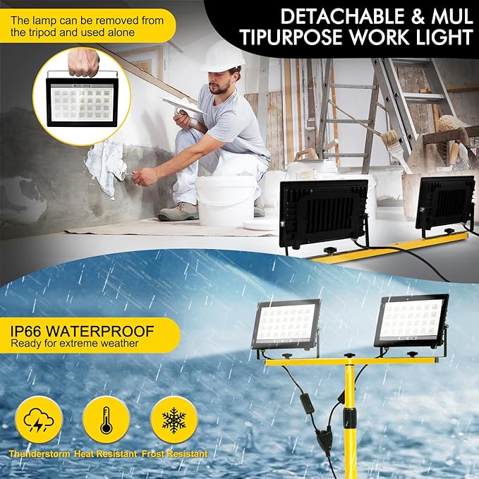 21000Lumen Work Lights with Stand, 2 Head LED Work Light with Adjustable and Foldable Tripod Stand, IP66 Waterproof Portable Work Light for Outdoor Workshop Garage Construction Site Job Site