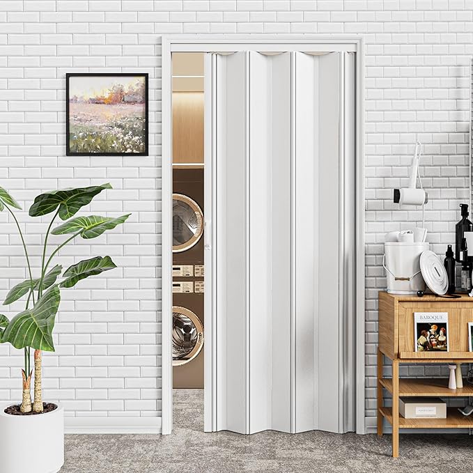 49-60 x 80in Accordion Doors Interior Folding Door, White PVC Accordion Door with Upgraded Roller & Complete Hardware & Handle, for Closet Bathroom Doorways