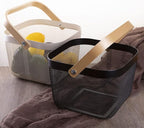 IBWell Square Metal Wire Woven Fruit Storage Bowl Basket with Wooden Handle, Large Black Mesh Fruit Stand, Multi-function Hanging Kitchen Baskets (White, Nomal 2PCS)