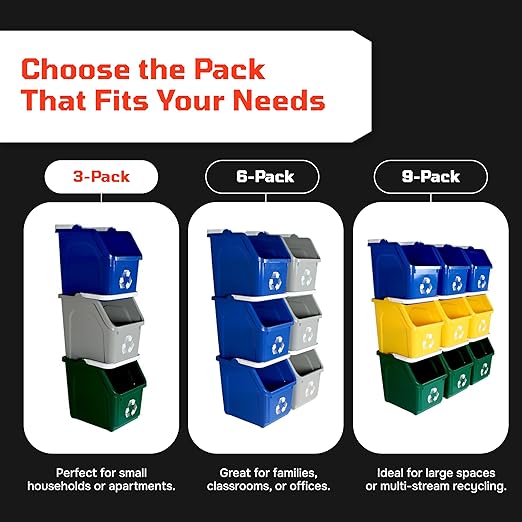Multi Bin Recycling System with Three Stackable 6 Gallon Recycle Bins to Build Your Recycling Center for Offices, Kitchen, Garages, Businesses - (Red, 3 Pack)