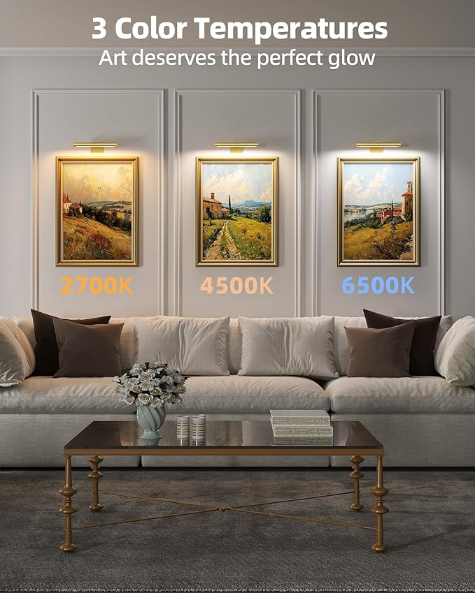 EZVALO Picture Light for Wall, Rechargeable 2400mAh Battery Lights Wireless Remote, 3 Color & Dimmable Magnetic 8'' LED Lights Display for Painting, Living Room, Gallery, Bedroom, Dashboard(Gold-3P)