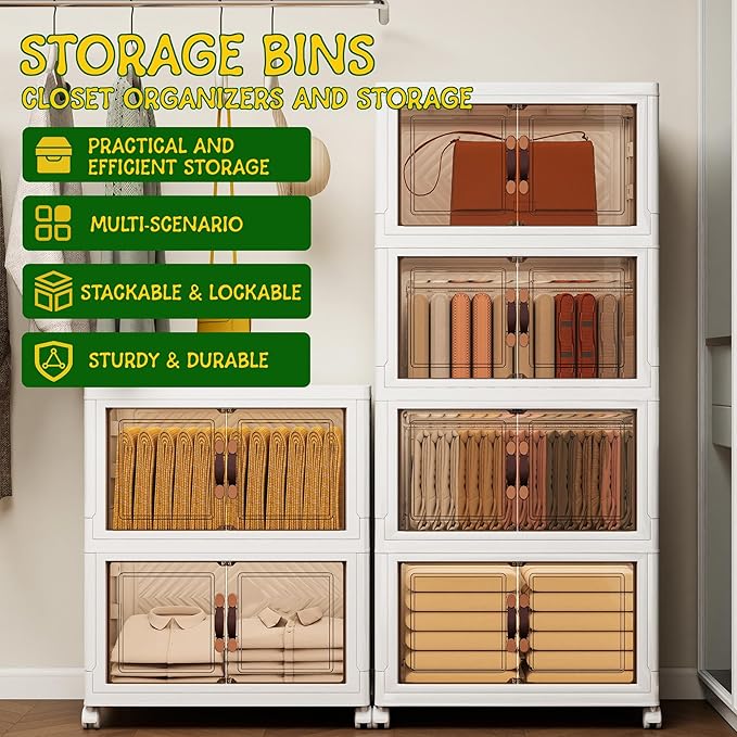 Storage Bins with Lids and Wheels, 199QT-99.5QT*2Tier Collapsible Bathroom Storage Cabinet with Clear Doors, Plastic Stackable Closet Organizers and Containers White