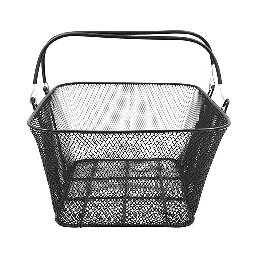 SSWBasics Black Metal Shopping Basket with Handles - 17”W x 12”D x 7”H - Durable and Sleek Grocery Basket for Grocery, Market, Retail, and Thrift Stores - Lightweight, Stackable Shopping Baskets for