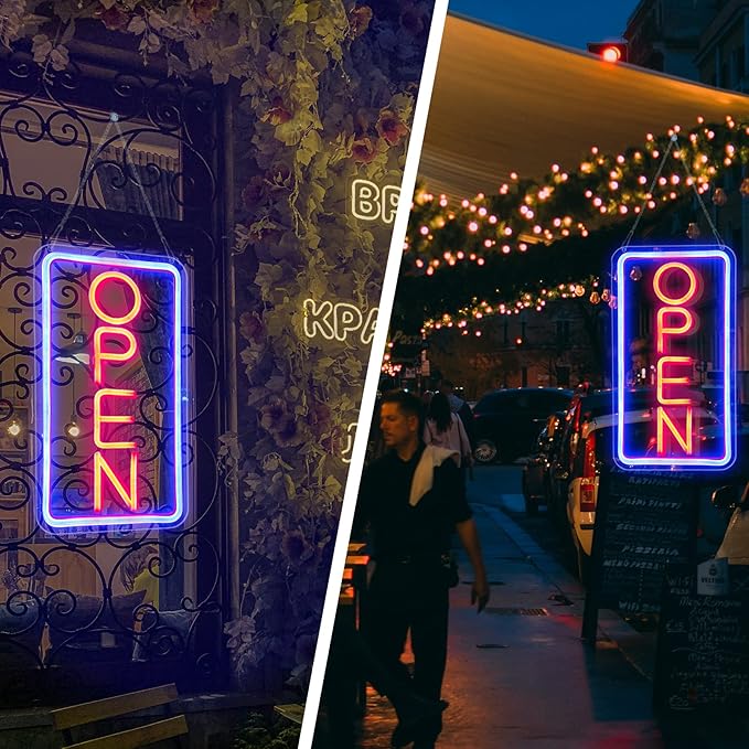 Open Signs for Business,Neon Open Sign Led,16.5"x 9",with Open/Closed Bussiness Hour Sign Set,Light for Bar Coffee Salon Store Window,12V/2A Adapter with ON/OFF Switch (Blue/Red Vertical)