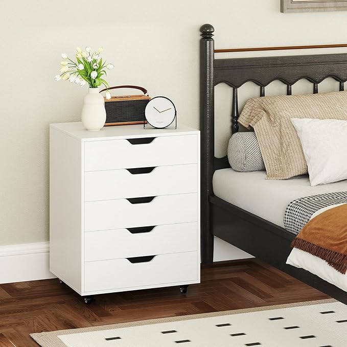 LOKO 5-Drawer Storage Cabinet, Versatile Drawer of Chest with Lockable Wheels, Mobile Office Lateral File Cabinet, for Home Office, Study (White, 16" D x 19.5" W x 25.5" H)