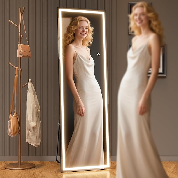 Full Length Mirror with Lights, 71" x 24" LED Lighted Floor Standing Body Mirror, Dimmable & 3 Color Lighting for Bedroom, Cloakroom, Dressing Room, Tempered Glass, Square Black