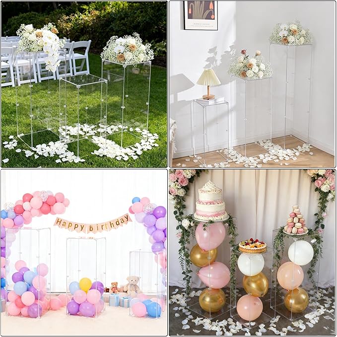 Vincidern 3pcs Acrylic Square Pedestal Stand for Party, Clear Lucite Display Pedestal for Flowers, Sculptures, Cake, Wedding, Events, Art Gallery, Party Decor 31.5*11.8''(L), 27.6*11.2''(M), 23.6*10.2''(S)