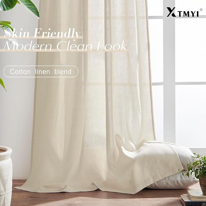 XTMYI 63 Inches Long Beige Country Curtains for Living Room,Sheer Linen Curtains for Bedroom