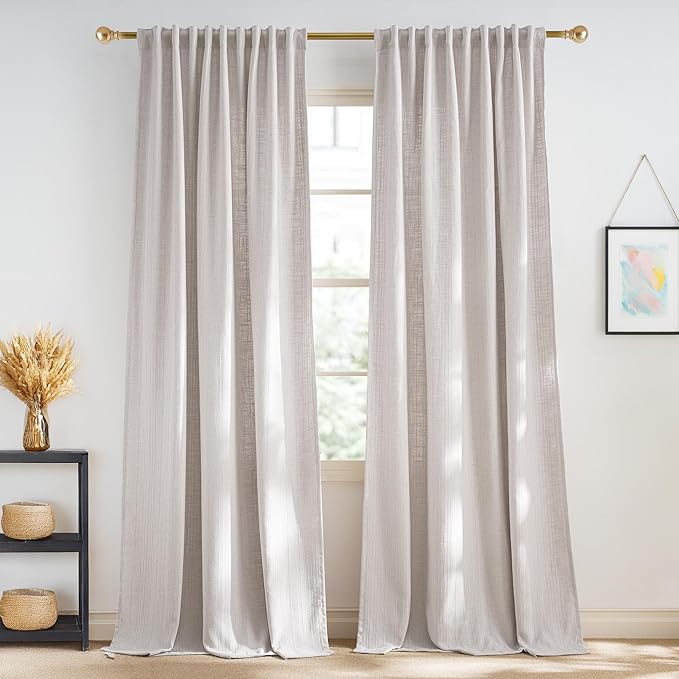 NICETOWN Boho Linen Curtains Jacquard Waffle Weave Pattern, Thick Window Treatments Privacy with Light Filtering Drapes for Living Room, Angora, W52 x L84, 2 Panels