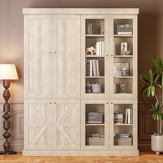 70.8" Tall Farmhouse Bookshelf, Modular Bookcase with Glass Doors, 6-Tier Adjustable Shelves, Large Storage Cabinet for Kitchen, Living Room, Brown, Set of 4