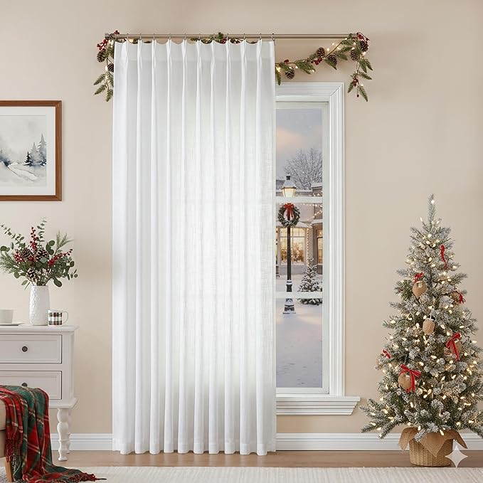 Vision Home White Pinch Pleated Semi Sheer Curtains Textured Light Filtering Window Curtains 108 inch for Living Room Bedroom Patio Rayon Blended Pinch Pleat Drapes with Hooks 1 Panel 60" Wx108 L