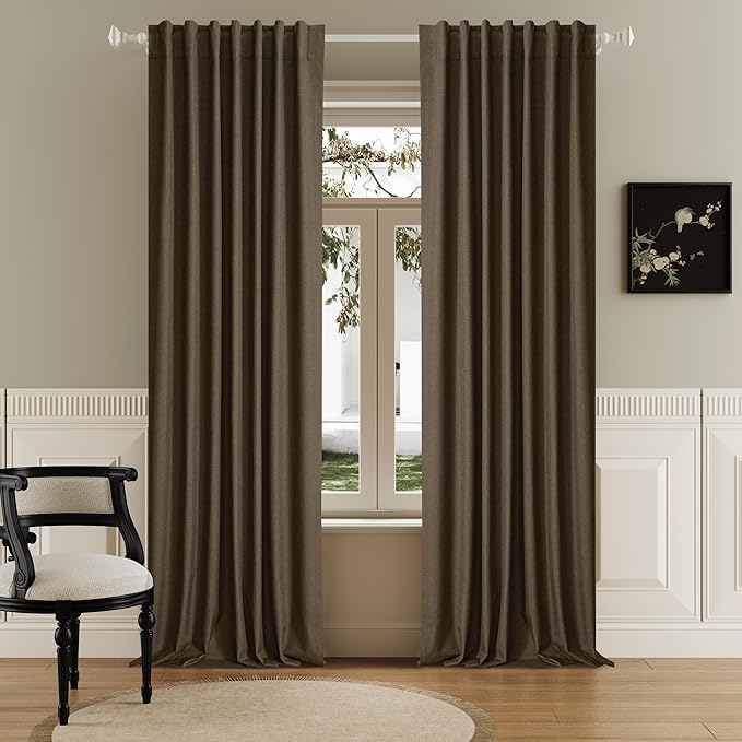 DUALIFE 96 Inch Long Blackout Curtains - Extra Wide Thermal Insulated Sun Block Out Bedroom Linen Curtains 8 ft Window Covering Back Tab Rod Pocket Drapes for Hall Living Room W84 x L96,2 Pcs, Brown