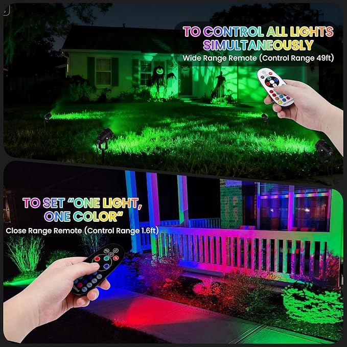 Halloween Christmas Spotlights Outdoor: RGBW Spotlights Plug-in 120V Remote Control 16 Color Changing Waterproof LED Landscape Spot lights for Yard Garden Lawn House Décor, 6 Pack (RGB + Warm Light)