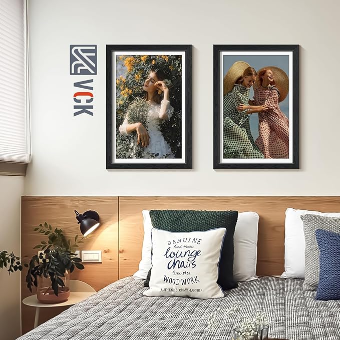 VCK 12x18 Frame 2 pk, Solid Wood Poster Frame & HD Glass | Display Picture 11x17 with Mat or 12x18 without Mat | Black
