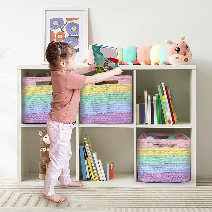 Shelf Woven Storage Basket, 15 x 10 x 9” Closet Rope Baskets For Organizing, Square Bins with Handles, Rainbow 1 Pack