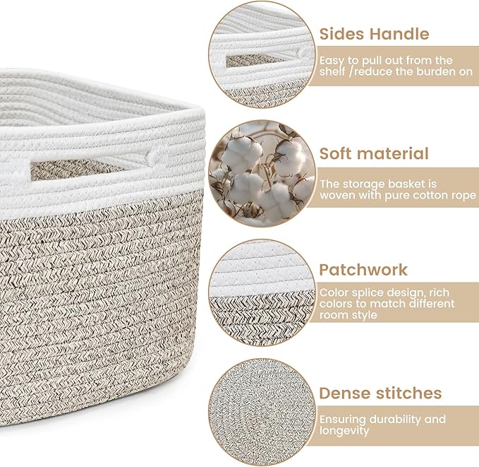 Shelf Woven Storage Basket, 15 x 10 x 9” Closet Rope Baskets For Organizing, Square Bins with Handles, White+Rice Brown 1 Pack