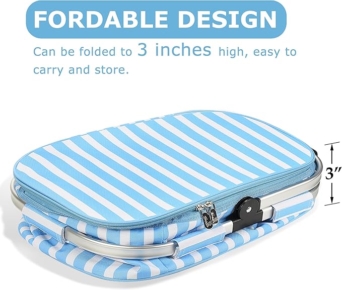 Tirrinia Large Insulated Picnic Basket, 34L Water Resistant & Leakproof Collapsible Portable Cooler Basket Set with Aluminium Handle for Travel, with a Free Foldable Grocery Bag, Blue Strip